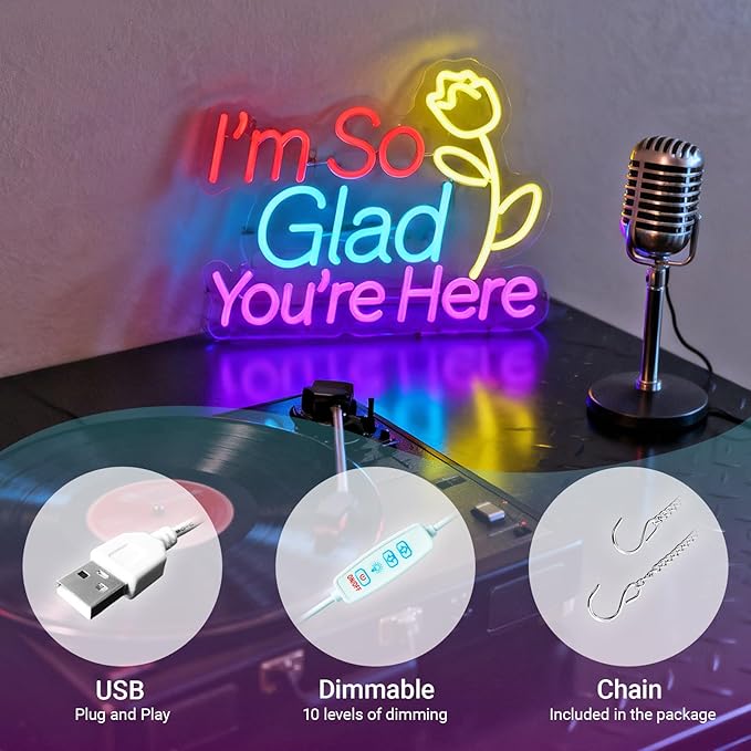 "I'm So Glad You're Here" Neon Sign - Classroom Welcome Decor with Rose, 15.7"x12.2" Multicolor LED Sign, USB Powered & Dimmable, Hanging Chain Included