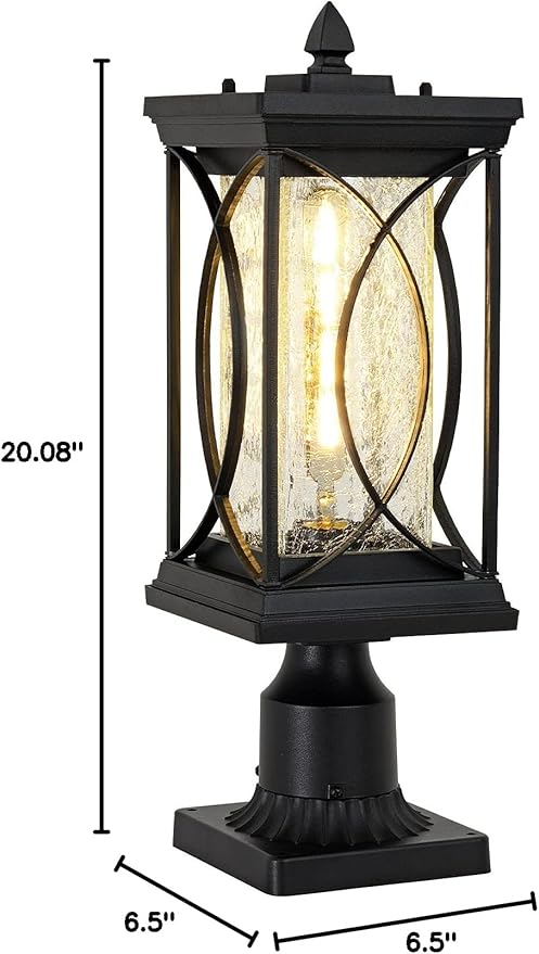 Motion Outdoor Post Lantern Dusk to Dawn Pillar Lamp with 3 Inch Pier Mount Adapter, Black Pole Light Aluminum with Crackle Glass Motion Outdoor Post Lights for Patio, Yard, Garden, Pathway