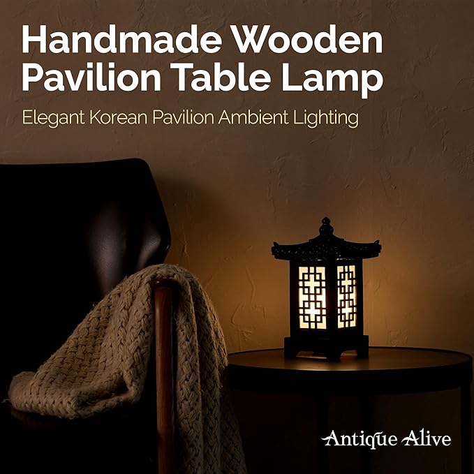 Traditional Korean Wood Lamp | Handmade Asian Oriental Table Lantern | Bedside Bedroom Accent Light | Unique Gift Idea | Pagoda Design (Brown) (Pine)