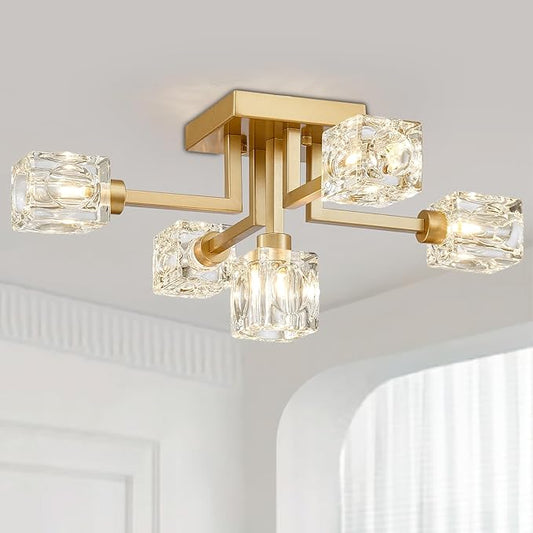 XINGQI Sputnik Chandelier Gold Modern Semi Flush Mount Ceiling Light Glass 5 Lights Farmhouse Lighting Fixtures for Dining Room Living Room Kitchen Bedroom - Aura Lighting