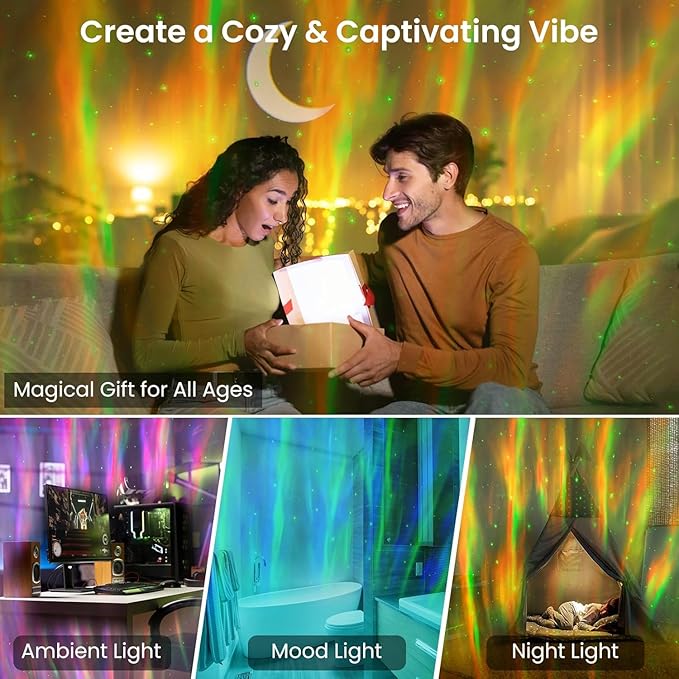 Galaxy Projector Night Light with Bluetooth Speaker, Starry Star Projection Light with Ocean Wave for Bedroom, Northern Lights Projector with Moon, Ambient Lighting for Room Party Xmas
