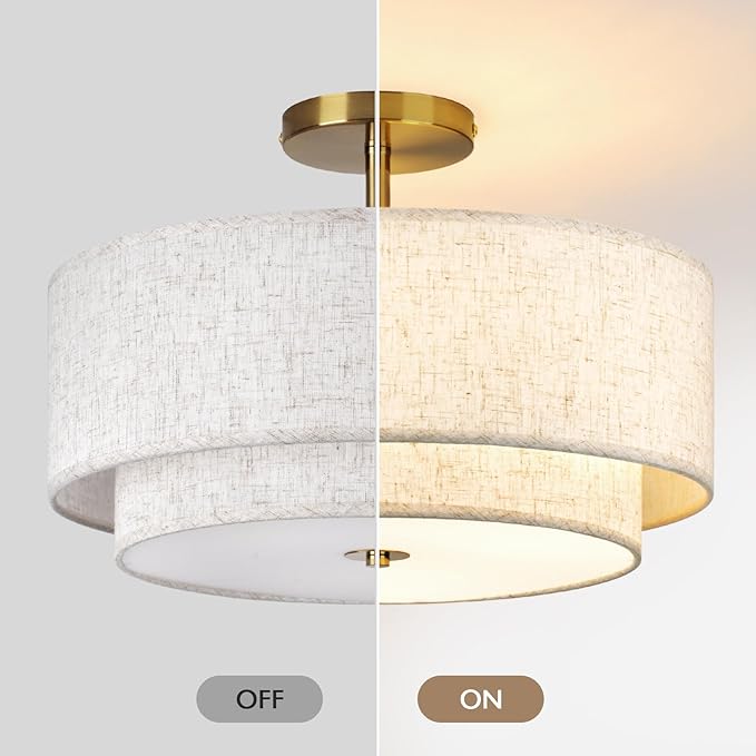 16" Double Drum Gold 3-Light Semi Flush Mount Ceiling Light, Classic Fabric Linen Shade Design for Living Room, Bedroom, Kitchen, Dining Room, Hallway and Entryway - Aura Lighting
