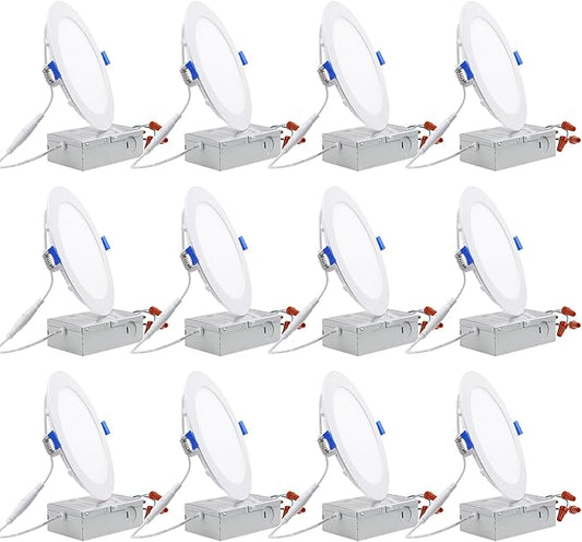 TORCHSTAR 12-Pack 6 Inch Ultra-Thin LED Recessed Lighting with J-Box, 4000K Cool White, 12W Dimmable 1000lm Brightness LED Downlight, ETL & Energy Star Listed