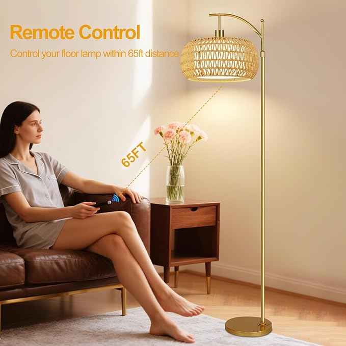 Gold Floor Lamps for Living Room Rattan Boho Floor Lamp with Remote Control & 3 Color Temperature,Dimmable Arc Floor Lamps Brass Standing Lamp Tall Floor Lamp for Bedroom Living Room Corner