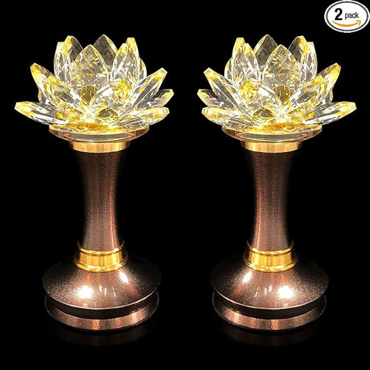 1 Pair Colorful LED Lotus Flower Lamp 7 Color Crystal Buddha Lamp for Cabinet Buddhist Altar - Light Control Crystal Decor Night Light -110V US Plug(6 inch)