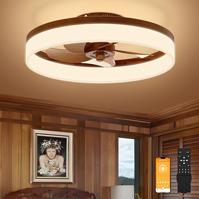 VOLISUN Farmhouse Ceiling Fans with Lights and Remote, 19.7in Low Profile Ceiling Fan Flush Mount, 3000K-6500K Dimmable Bladeless LED Fan Light, Fandelier Ceiling Fans with Lights for Bedroom(Walnut) - Aura Lighting