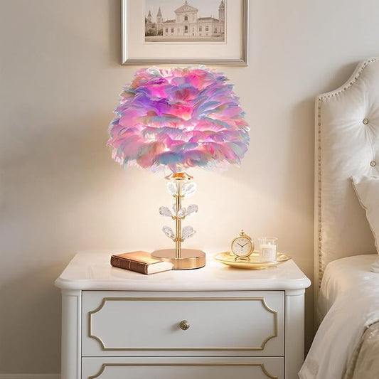Colorful Feather Lamp Romantic Bedside Nightstand Lamp Creative FfluffyTable Lamp Modern Furry Desk Light for Princess Girls Bedroom Living Room Wedding Christmas Gift Deco Entry Office - Aura Lighting