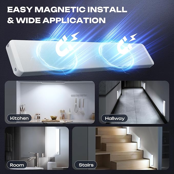 2 Pack Under Cabinet Lighting Wireless 10inch LED Motion Sensor Magnetic Light 2200maAh Rechargeable Indoor Closet Lights for Kitchen, Stairs Cool White