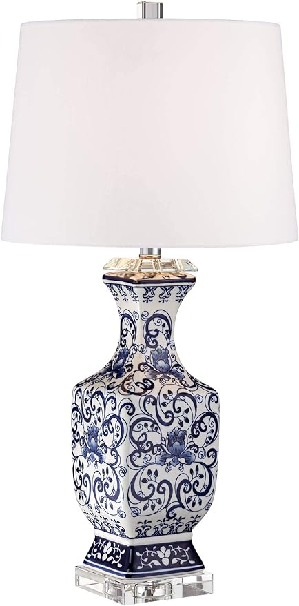 Barnes and Ivy Iris Vintage Asian Chinese Style Table Lamp 28" Tall Porcelain Blue Floral Jar Geneva White Drum Shade Cottage Core Decor for Living Room Bedroom House Bedside Nightstand Home Office