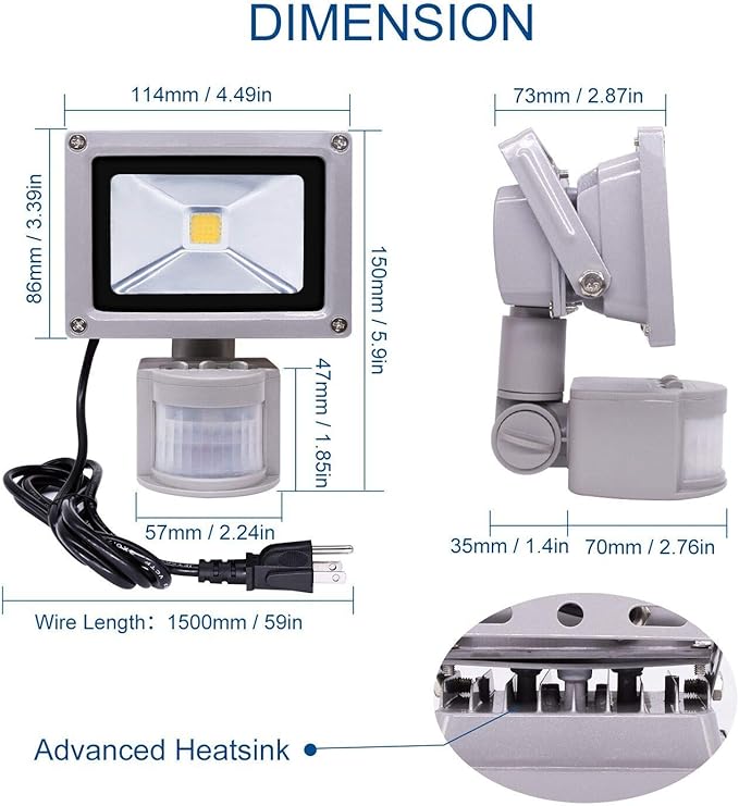 Z Motion Sensor Flood Lights Outdoor,10W Induction LED Lamp, IP65 Waterproof Spotlight,3200K LED Sensor Light,Security Light with US 3-Plug (Warm White-Grey)