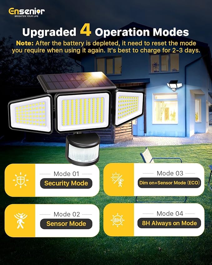 Ensenior Solar Motion Lights Outdoor, 228 LED Solar Security Lights with Remote Control, IP65 Waterproof 3 Heads Flood Light with 4 Modes, 270° Wide Angle Motion Sensor Light Outside - 2 Packs