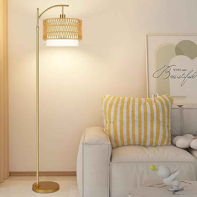 Gold Floor Lamps for Living Room Rattan Boho Floor Lamp with Remote Control & 3 Color Temperature, Dimmable Arc Floor Lamps Wicker Lamp Shades Brass Standing Lamp Tall Floor Lamp For Bedroom Corner