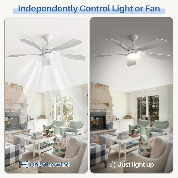 Sofucor 52 Inch Ceiling Fans with Lights and Remote, Outdoor Ceiling Fan with Light 6-Speed 3 CCT 3-Timer, White Low Profile Ceiling Fan 5 Blade Reversible DC Motor for Living Room Bedroom Patio