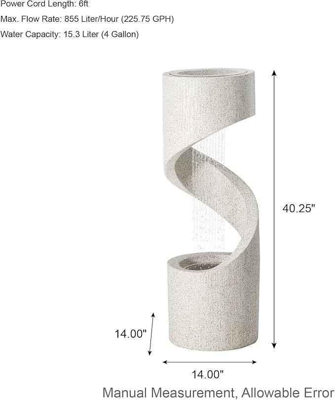 Glitzhome Outdoor Water Fountain with LED Light, Modren Curved Waterfall Fountain with Stone Planter, Faux Terrazzo Spiral Shaped Outdoor Fountains Water Feature for Garden Patio Deck Porch, 40.25”H