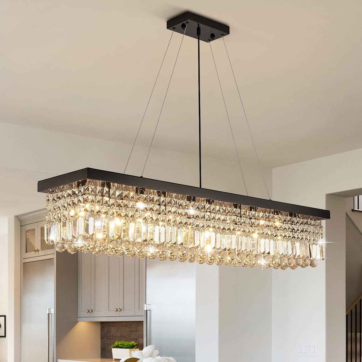 7PM Rectangle K9 Crystal Chandelier Modern Rectangular Pendant Lighting Fixture for Dining Room Kitchen Island Bedroom Black L47'' x W10'' x H10''