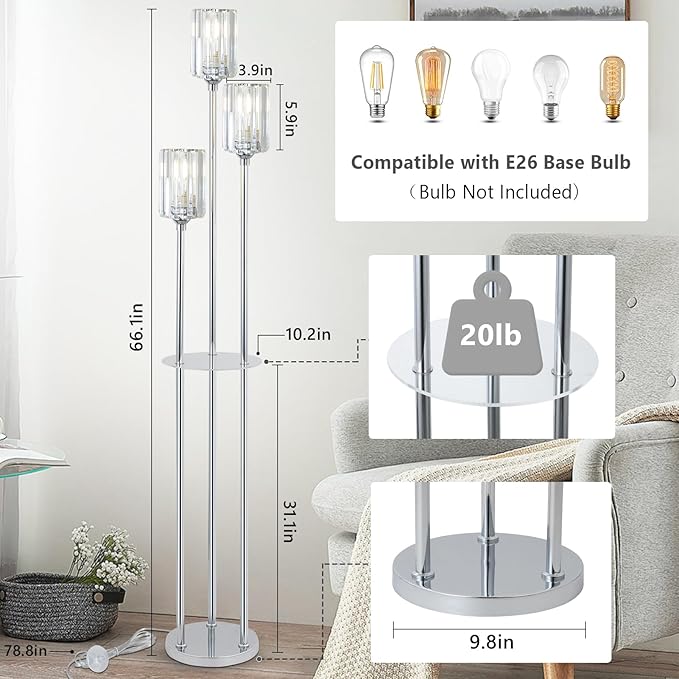 HMVPL Crystal Floor Lamps for Living Room, Modern Floor Lamp with Shelves, 3-Lights Standing Lamp with Crystal Shade, On/Off Foot Switch, Silver Corner Floor Lamp for Bedroom Living Room Office(66") - Aura Lighting