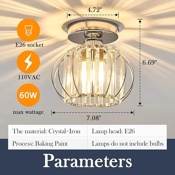YYJLX Modern Semi Flush Mount Ceiling Light Fixture E26 Mini Crystal Chandelier Chrome Small Ceiling Lamp for Entryway Bedroom Bathroom Hallway Closet Foyer （Silver