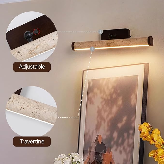 Yellow Travertine Bathroom Light Fixtures, Natural Stone LED Vanity Lamp for Over Mirror, 180° Adjustable, Japanese Style Wabi-sabi Marble Wall Light for Bedroom Artwork Poster