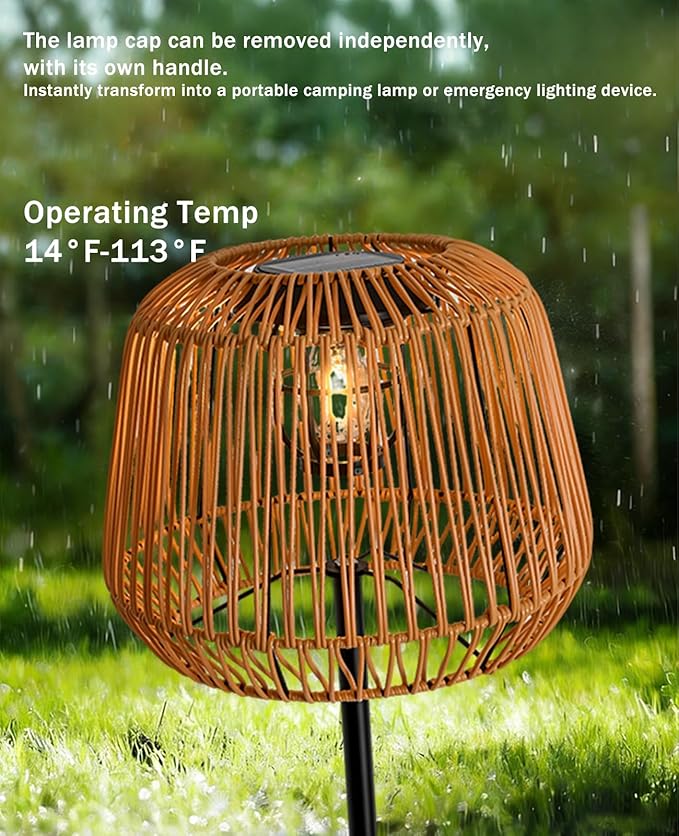 Outdoor Solar Floor Lamp, 65.4" Wireless Rattan Floor Lamp with Woven Lampshade & Black Metal Pole Base, Battery Operated Vintage Outdoor Waterproof Standing Lamps for Patio Garden Balcony Deck
