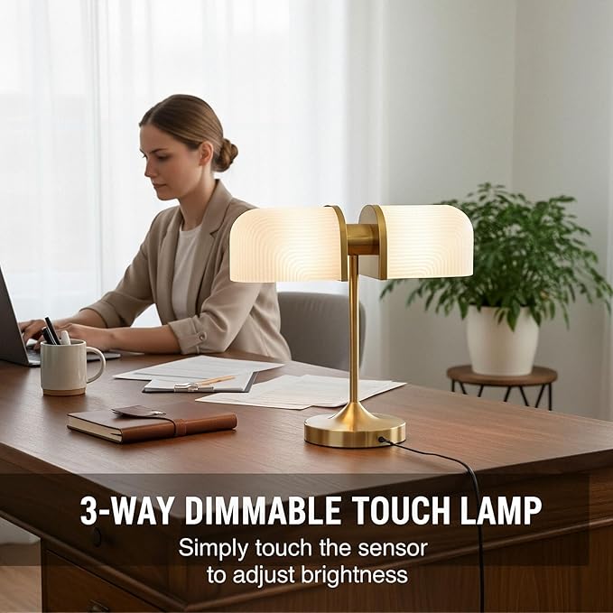 Vintage Milk Glass Bankers Desk Lamp - Dimmable Touch Control Bedside Lamp with USB A+C Charging Ports, for Bedroom Nightstand & Living Room, Bulb Included (White)
