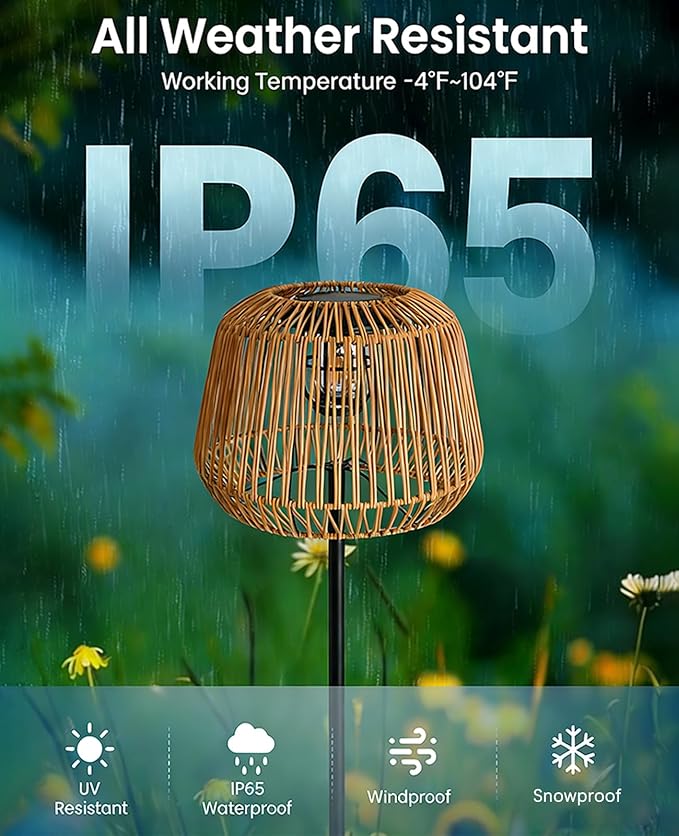 Outdoor Solar Floor Lamp, 65.4" Wireless Rattan Floor Lamp with Woven Lampshade & Black Metal Pole Base, Battery Operated Vintage Outdoor Waterproof Standing Lamps for Patio Garden Balcony Deck