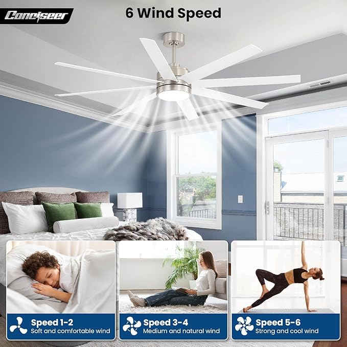 72 Inch Ceiling Fans with Lights and Remote for Bedroom Living Room Kitchen Library Cafe Outdoor/Industrial Use, 3CCT Dimmable, 8 Blades 6 Speed Reversible Quiet DC Motor, Sand-nickel/White