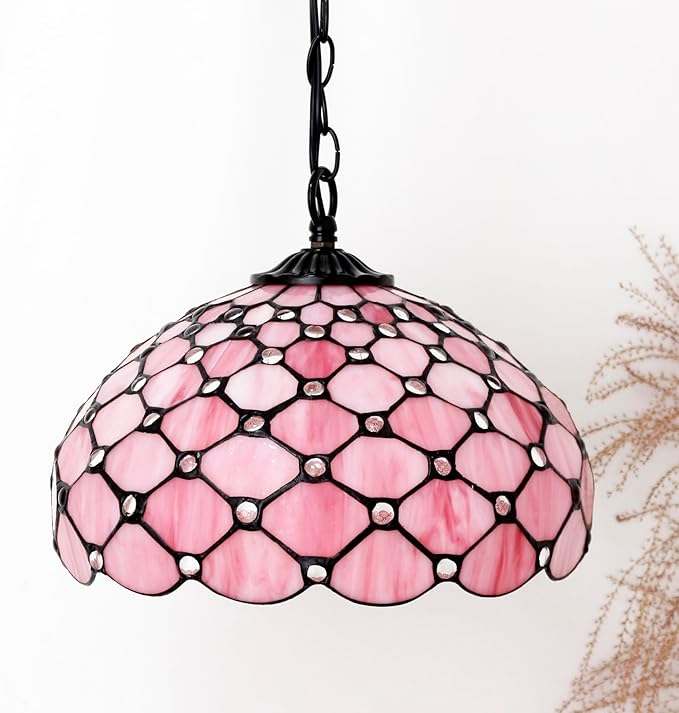 Tiffany Lamp Shade Replacement 12X6 Inch Stained Glass Lampshade Only 1-5/8-Inch Fitter Opening for Arched Floor Lamp, Torchiere Lamp, Pendant Light (Pink Pear Bead)