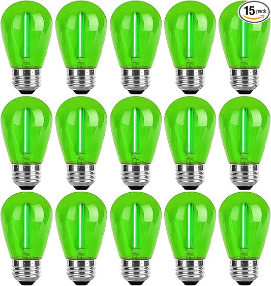 15 Pack S14 LED Bulbs Green Christmas Led Replacement Bulb 1W S14 Outdoor String Light Bulbs Plastic Shatterproof E26 Base Vintage Edison Bulb Decorative Bulbs for Christmas Patio Home Decor