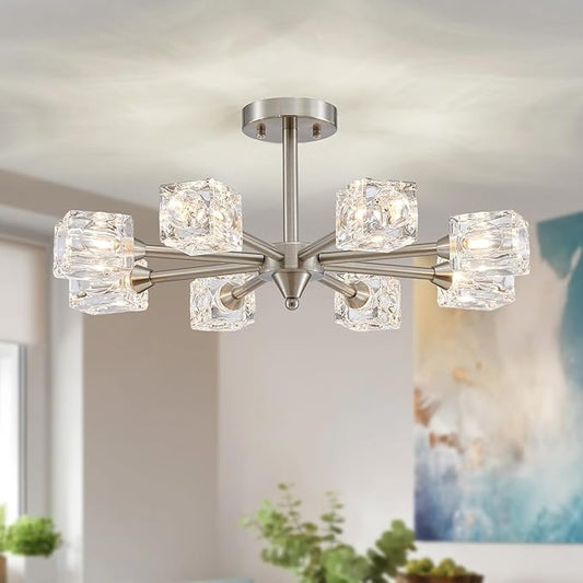 XINGQI 8-Light Brushed Nickel Modern Sputnik Chandeliers Semi Flush Mount Ceiling Light Fixture for Dining Room Bedroom Living Room Kitchen Entryway - Aura Lighting