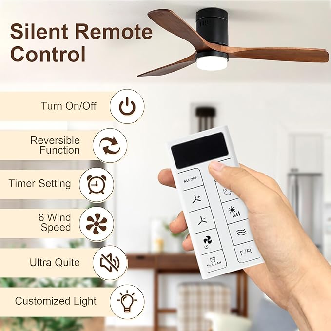 Sofucor 52 Inch Smart Ceiling Fans with Lights, Flush Mount Ceiling Fan with Lights Remote Control, Work with Alexa/Google/App, Quiet DC Motor, 3 Blade Solid Wood Ceiling Fan for Bedroom Kitchen Patio