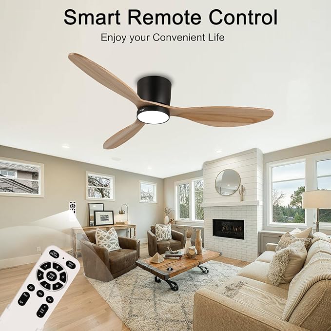 reiga 52" Natural Wood Ceiling Fan with Light and Remote, 3 Blade Flush Mount Low Profile Ceiling Fan for Bedrooom Living Room, Quiet DC Motor - Aura Lighting