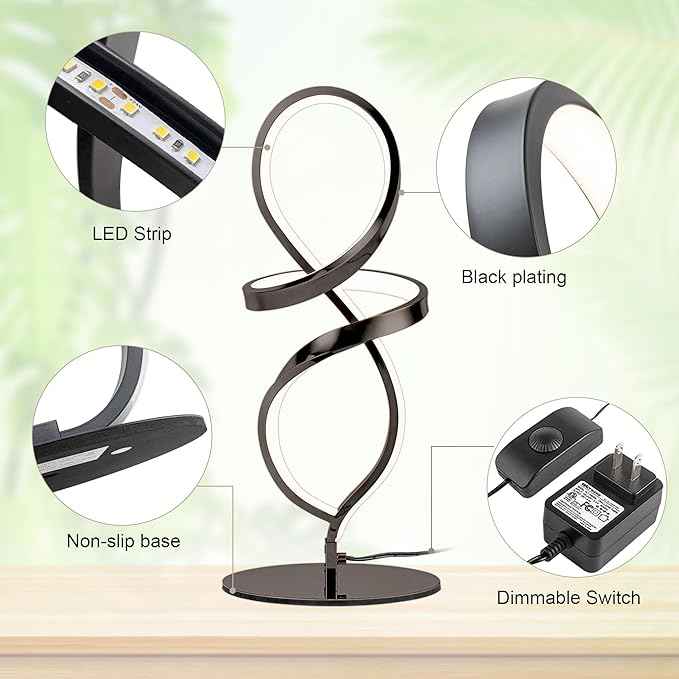 Mayful Modern Lamp with LED Spiral Design, Bedside Lamp with Stepless Dimming Switch, Contemporary Nightstand & Black Table Lamp for Bedroom, Living Room, Home Office, 12W 3200K Warm White,2 Pack