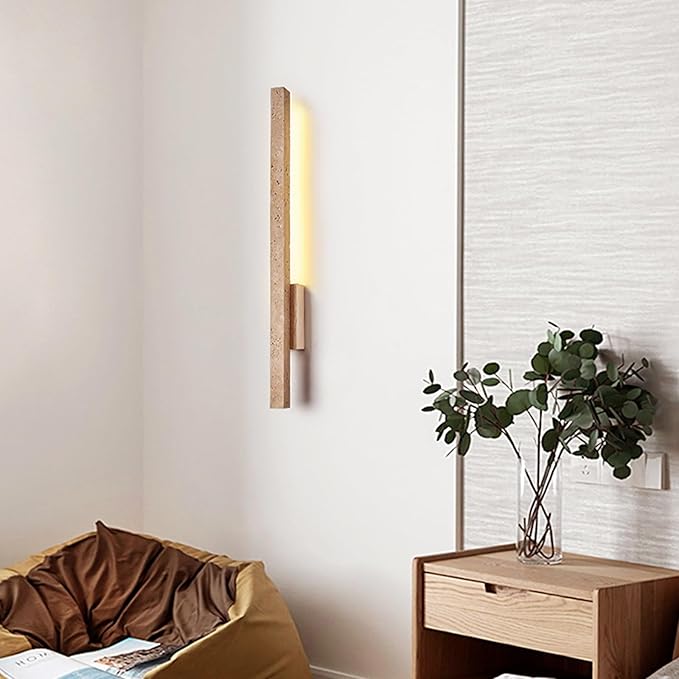 Japanese Style Stone Wall Sconce, Natural Yellow Travertine Wall Lamp, 8W LED Warm Light 3000K Wall Light, Wabi-Sabi Art Light Fixture for Living Room Bedroom Bedside Hallway(Wood)