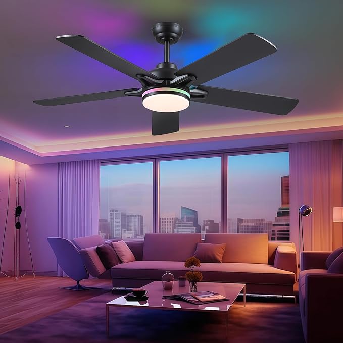 52 Inch Ceiling Fans with Lights and Remote/APP Control, Modern Ceiling Fan with RGB Lights for Bedroom Living Room Patio Porch Outdoor, Reversible Quiet Motor, 5 Wood Blades, Black