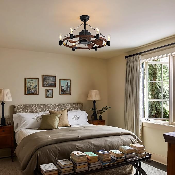 Ceiling Fan with Light, 28” Rustic Chandelier Ceiling Fan with Remote Control, Farmhouse Caged Ceiling Fan with Lights for Bedroom, Kitchen, Living Room, Dining Room - Aura Lighting