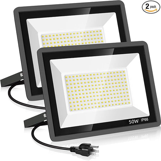 2 Pack 50W Warm White Led Flood Lights Outdoor,3000K Super Bright 7500LM Security Lights with Plug,Exterior IP66 Waterproof FloodLight for Basketball Court, Yard, Garden, Playground