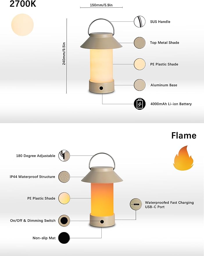 Rechargeable Outdoor Lantern Waterproof, Dimmable Warm White & Flickering Flame Mood Light, Portable Cordless Table Lamp for Patio/Camping/Shower/Emergency Power Outage (Black)