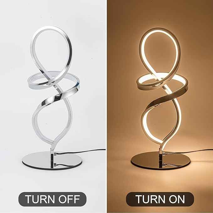 Mayful Modern Table Lamp with LED Spiral Design, Bedside Lamp with Stepless Dimming Switch, Contemporary Nightstand & Chrome Table Lamp for Bedroom, Living Room, Home Office, 12W 3200K Warm White