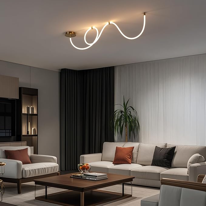 JONATHAN Y 55" Brass Gold Modern Minimalist Linear LED Flush Mount Light, 360° Adjustable Silicone Neon Rope, Dimmable Lamp for Bedroom, Living Room, Home Office JYL7141A