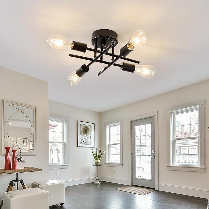 ZGLAOJT Indoor Ceiling Light with Motion Sensor 4 Light Semi Flush Mount Ceiling Light Black Matte with E26 Base Modern Chandelier for Farmhouse Kitchen Dining Room Bedroom Study Living Room.