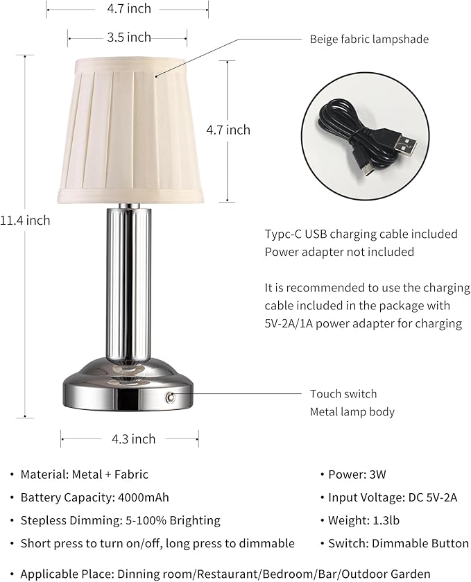 Small Cordless Table Lamp 2 Pack, 11.4" H Fabric Shade Touch Lamps, 4000mAh Rechargeable Battery Powered Lamp, Mini Bedside Lamp for Buffet, Dining Room, Bedroom, Bar (Silver)