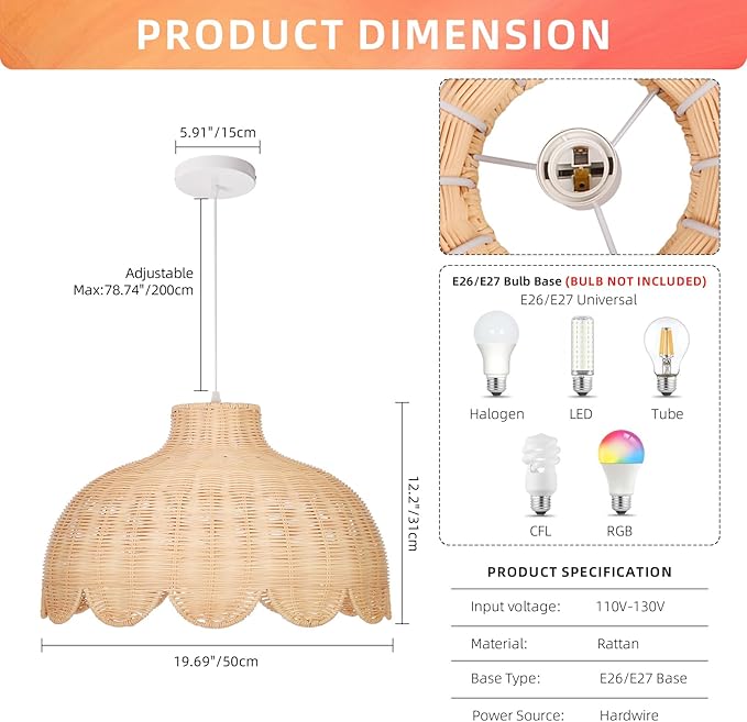 Arturesthome Rattan Pendant Light for Dining Room,19.6" Rattan Chandelier Woven Boho Pendant Light Fixtures Wicker Chandelier for Living Room Hallway Foyer Cafe