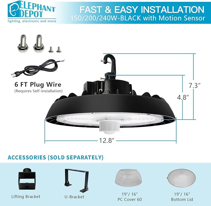 UFO Led High Bay Light with Motion Sensor, 150/200/240W, 21000/28000/33600lm, 2CCT 4000K/5000K, 0-10V Dimmable High Bay Led Shop Lights for Gym Factory Warehouse, Hook,6' Cable, UL&DLC