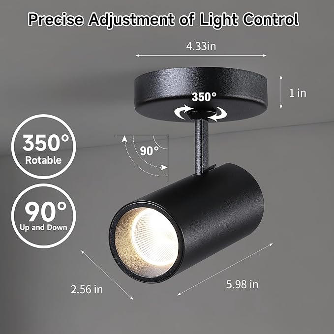 12W LED Dimmable Ceiling Spotlight Indoor - Adjustable Surface Accent Lamp for Corridor, Living Room, Warm White 3000K, CRI 97, Anti-Glare Picture Artwork Spot Light, Black