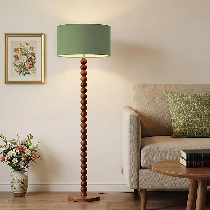 Buruis 61" Beaded Wood Floor Lamp with 17.2" Large Linen Shade, UL Listed, Retro Mid-Century Accent Walnut Finish Standing Lamp for Living Room, Bedroom, Office, Corner, Bulb Not Included, Green