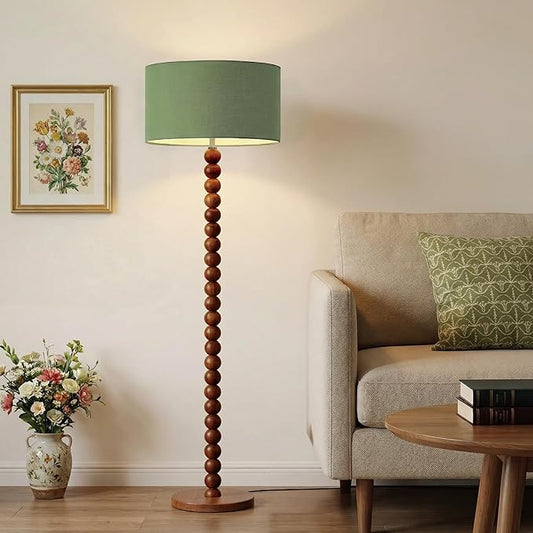 Buruis 61" Beaded Wood Floor Lamp with 17.2" Large Linen Shade, UL Listed, Retro Mid-Century Accent Walnut Finish Standing Lamp for Living Room, Bedroom, Office, Corner, Bulb Not Included, Green