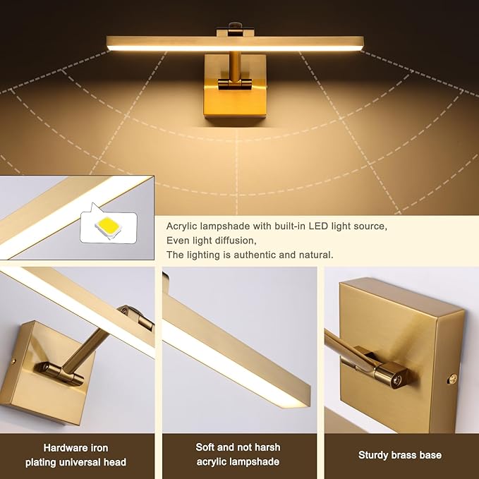 Modern Dimmable Picture Lights for Wall 15.75 Inch Hard-Wired LED Picture Frame Lights for Paintings Gallery Light with Adjustable Swing Arm Display Lights For Artwork, 7W, 2700K, Warm White - Brass