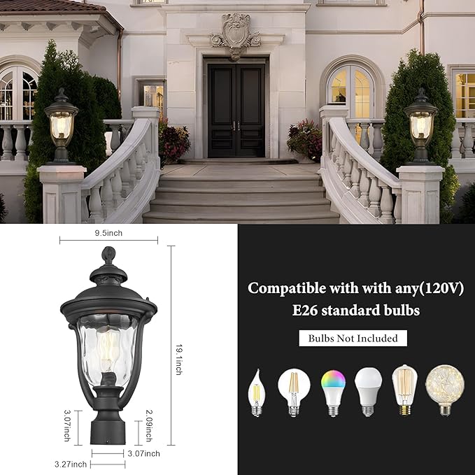 Outdoor Post Lights, Modern Exterior Lamp Posts Light Fixtures, Waterproof and Anti-Rust Aluminum Outside Pole Latern for Porch Patio Garden, Water Ripple Glass Lamp Shade, Black Finish