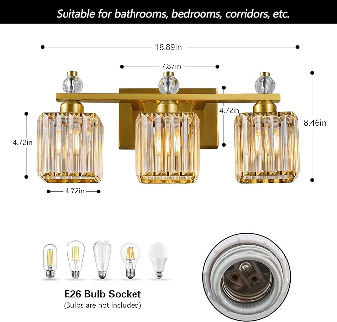 Bathroom Vanity Lights 3-Light Modern Crystal Vanity Light Gold Bathroom Light Fixtures Over Mirror Crystal Bathroom Vanity Lighting Fixtures - Aura Lighting
