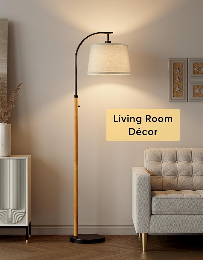 Dimmable Floor Lamp for Living Room, 65" Tall Metal Standing Lamp with LED Bulb, Mid Century Modern Arc Floor Lamp with Linen Shade for Bedroom, Reading Room, Office & Nursery, Black&Natural Color